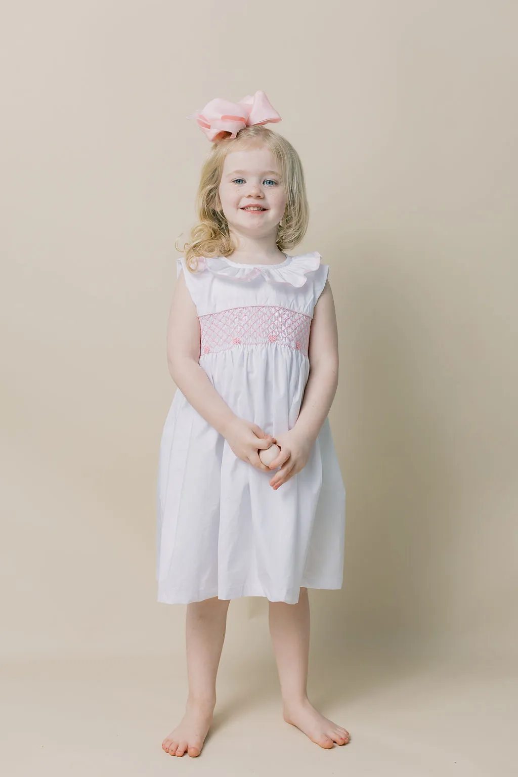 Smocked Toulouse Dress White with Ruffle Collar