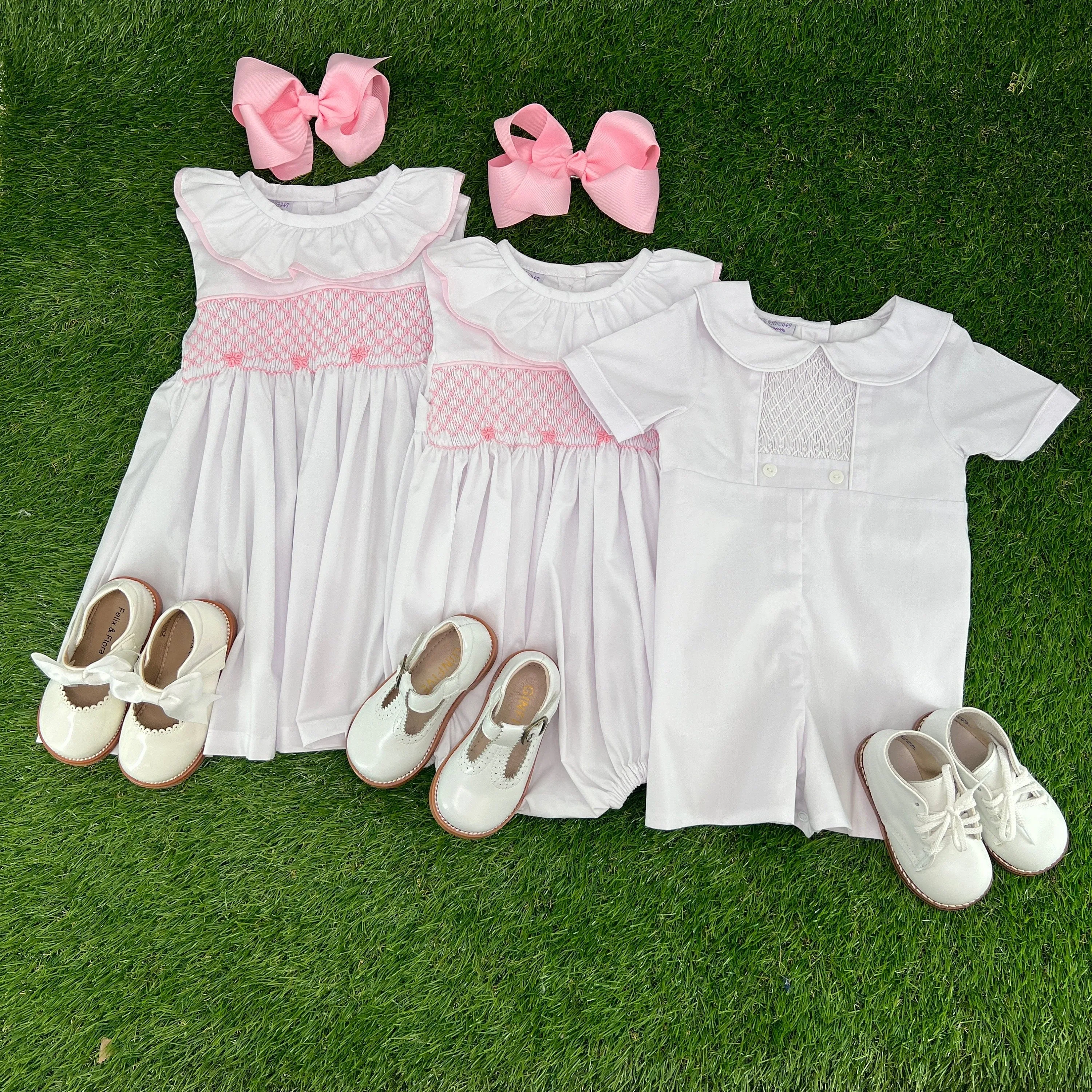 Smocked Toulouse Dress White with Ruffle Collar