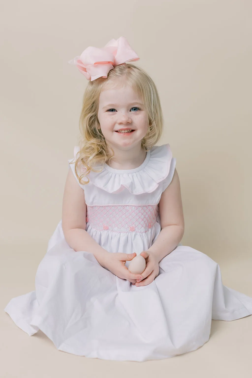 Smocked Toulouse Dress White with Ruffle Collar