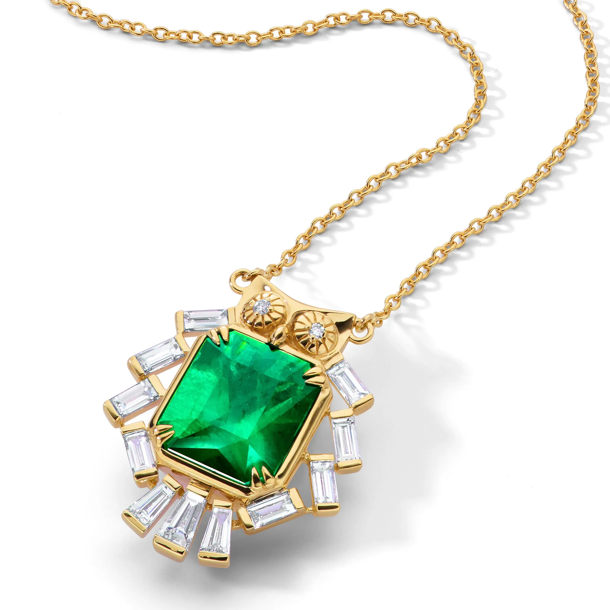 Special Edition Brazilian Emerald Owl Pendant with Tapered and Baguette Diamonds