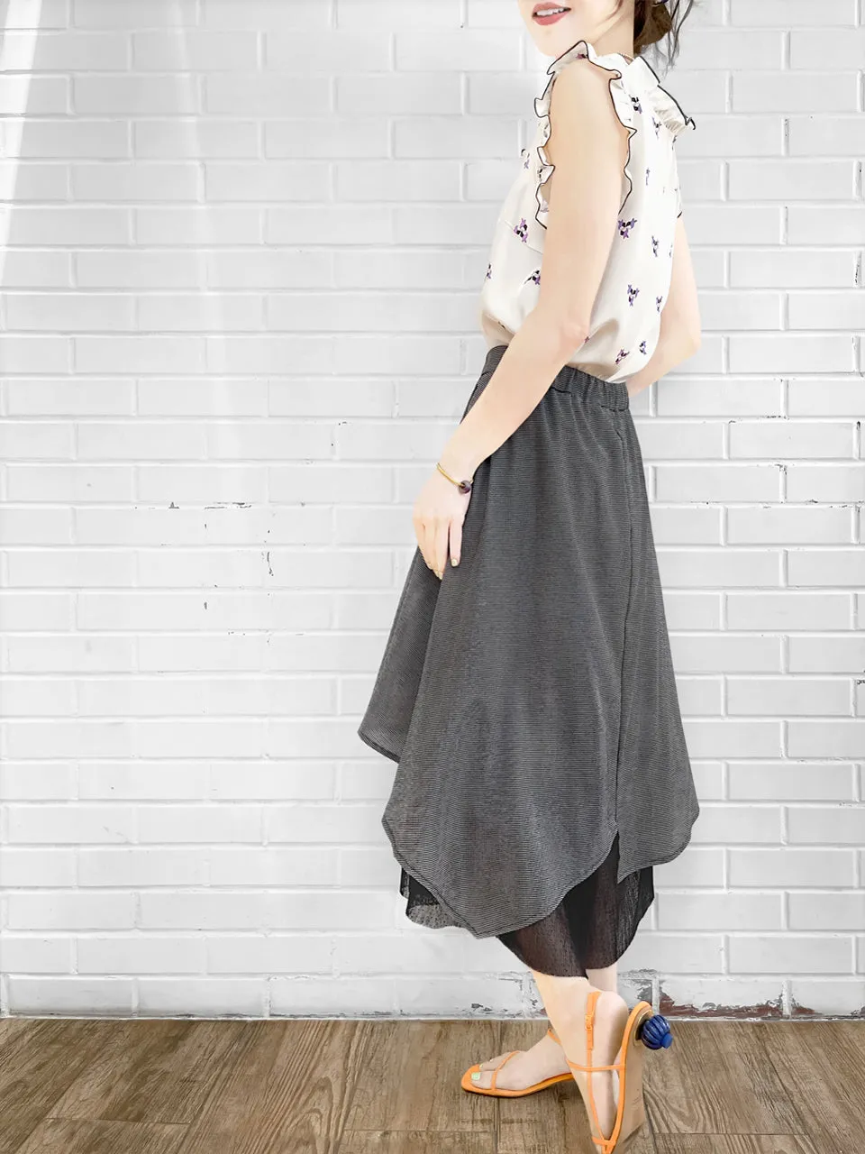 Surprise Sale! Micro Gingham Handkerchief Hem Flowing Overlay Mesh Culottes