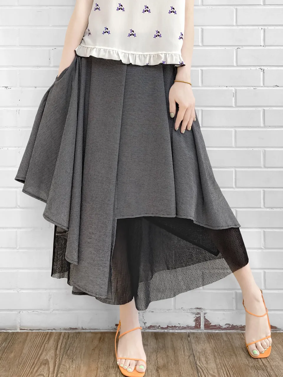 Surprise Sale! Micro Gingham Handkerchief Hem Flowing Overlay Mesh Culottes