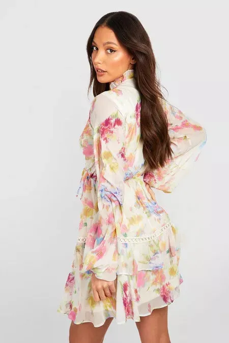 Tall Blurred Floral Tiered Ruffle Crochet Smock Dress