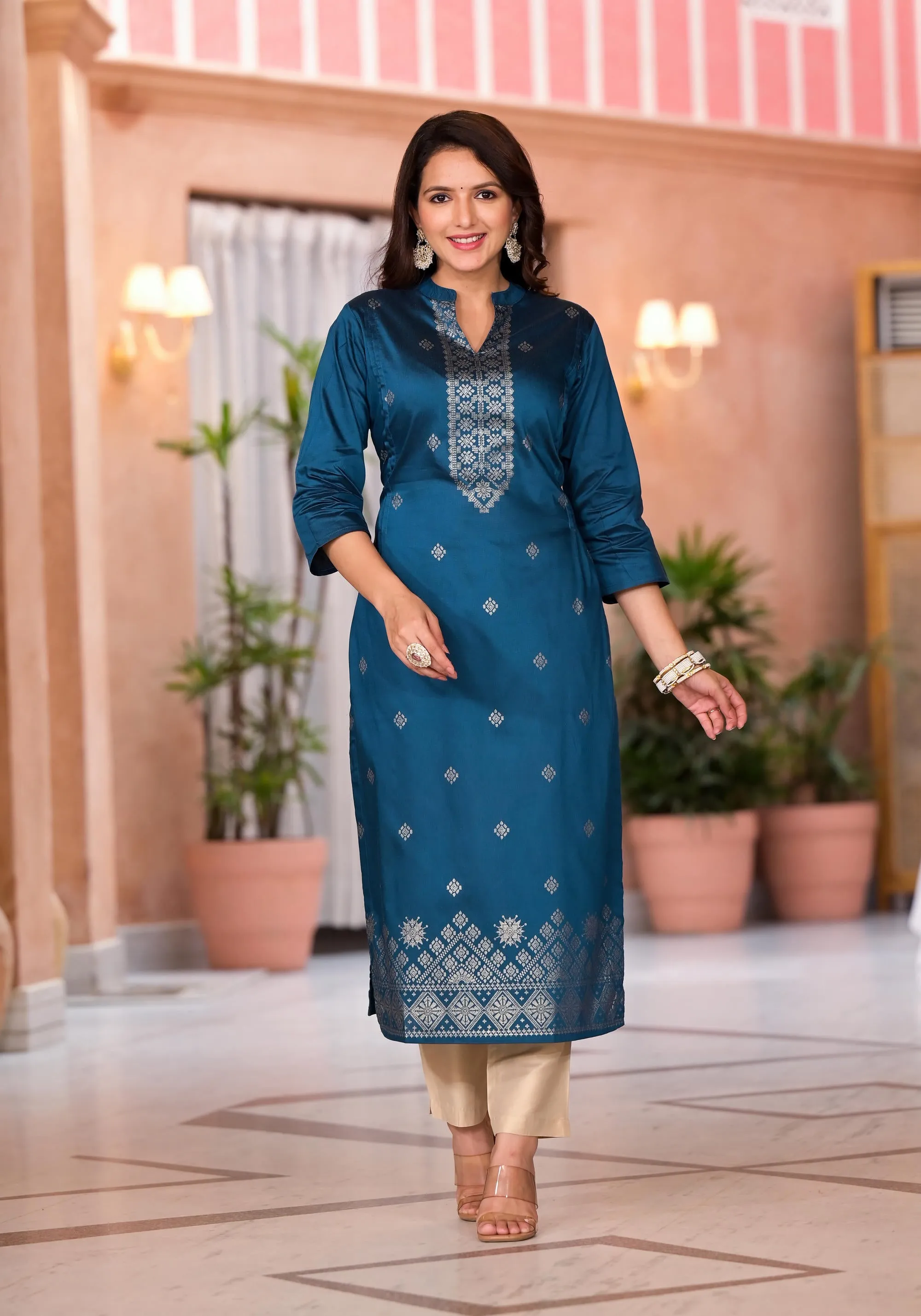 Teal Ethnic Motif Printed Cotton Kurta & Pant Set