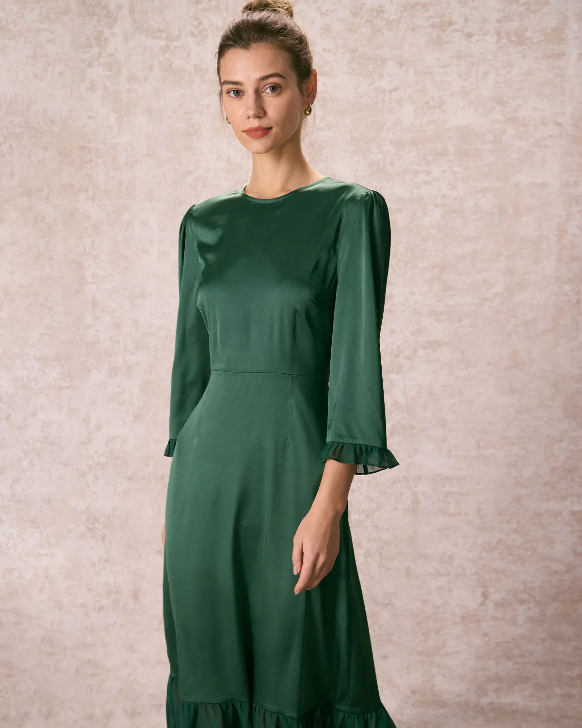 The Green Spliced Ruffle Poet Sleeve Midi Dress