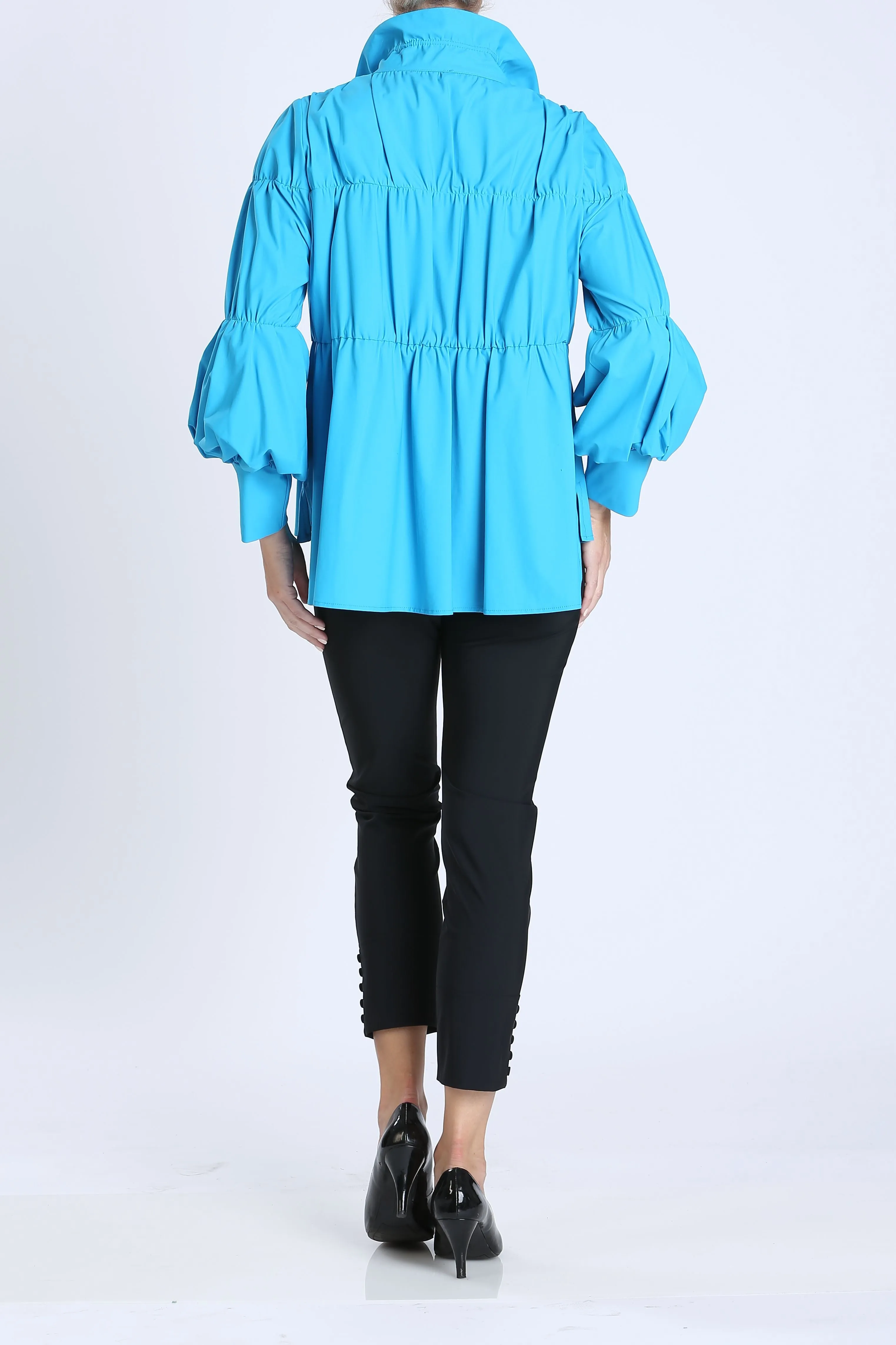 Turquoise Shirred Sleeve Zip-Up Blouson Jacket