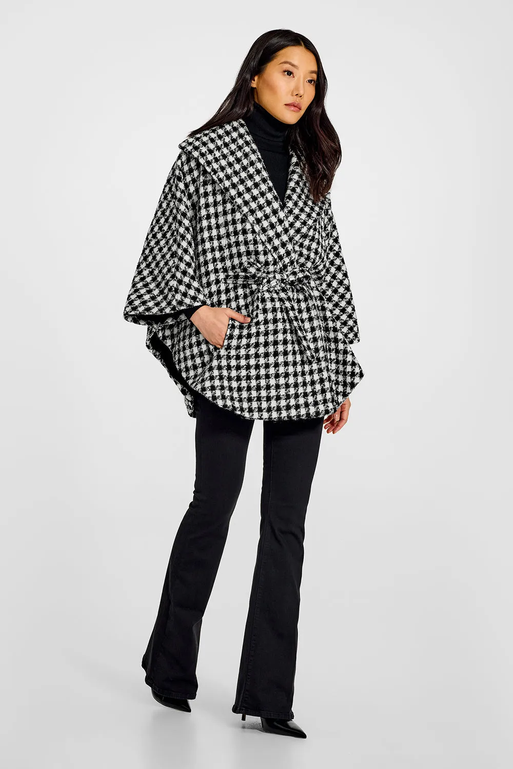 Tweed Houndstooth Suri Alpaca Cape with Shawl Collar and Belt