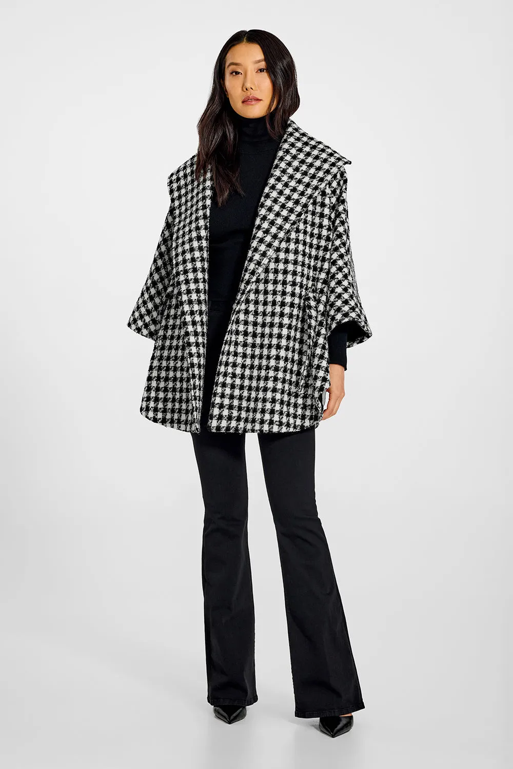 Tweed Houndstooth Suri Alpaca Cape with Shawl Collar and Belt