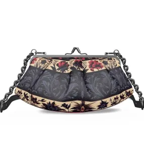 Vampire Art Grunge Victorian Patchwork Premium Nappa Leather Pleated Clutch Bag - Black Blue Cream Roses