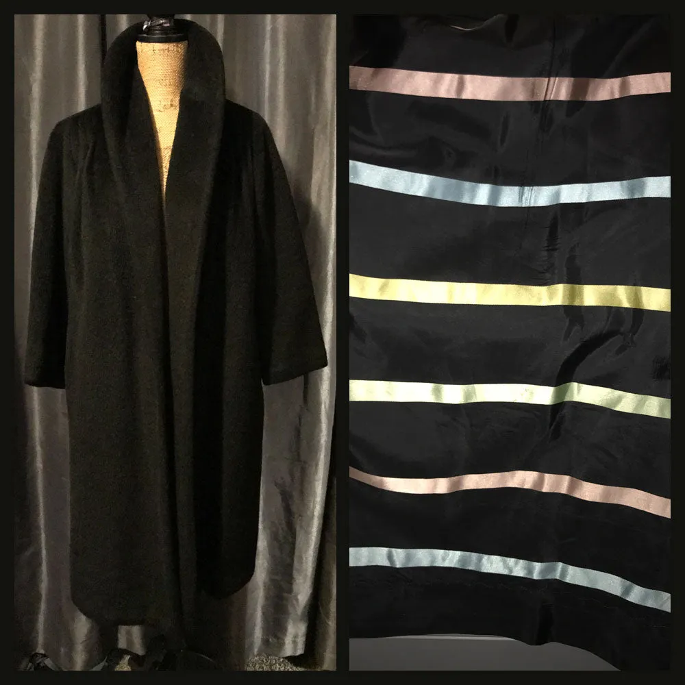 Vintage 60's Black Lilli Ann Striped Lined Wool Wrap Coat XL Extra Large 44B