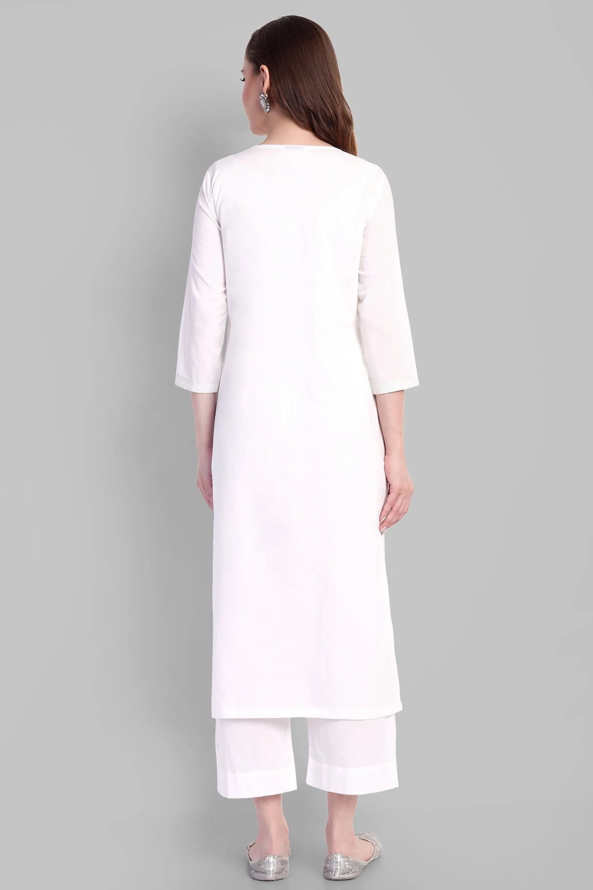 White Embroidery Kurta and pant - Set of 2