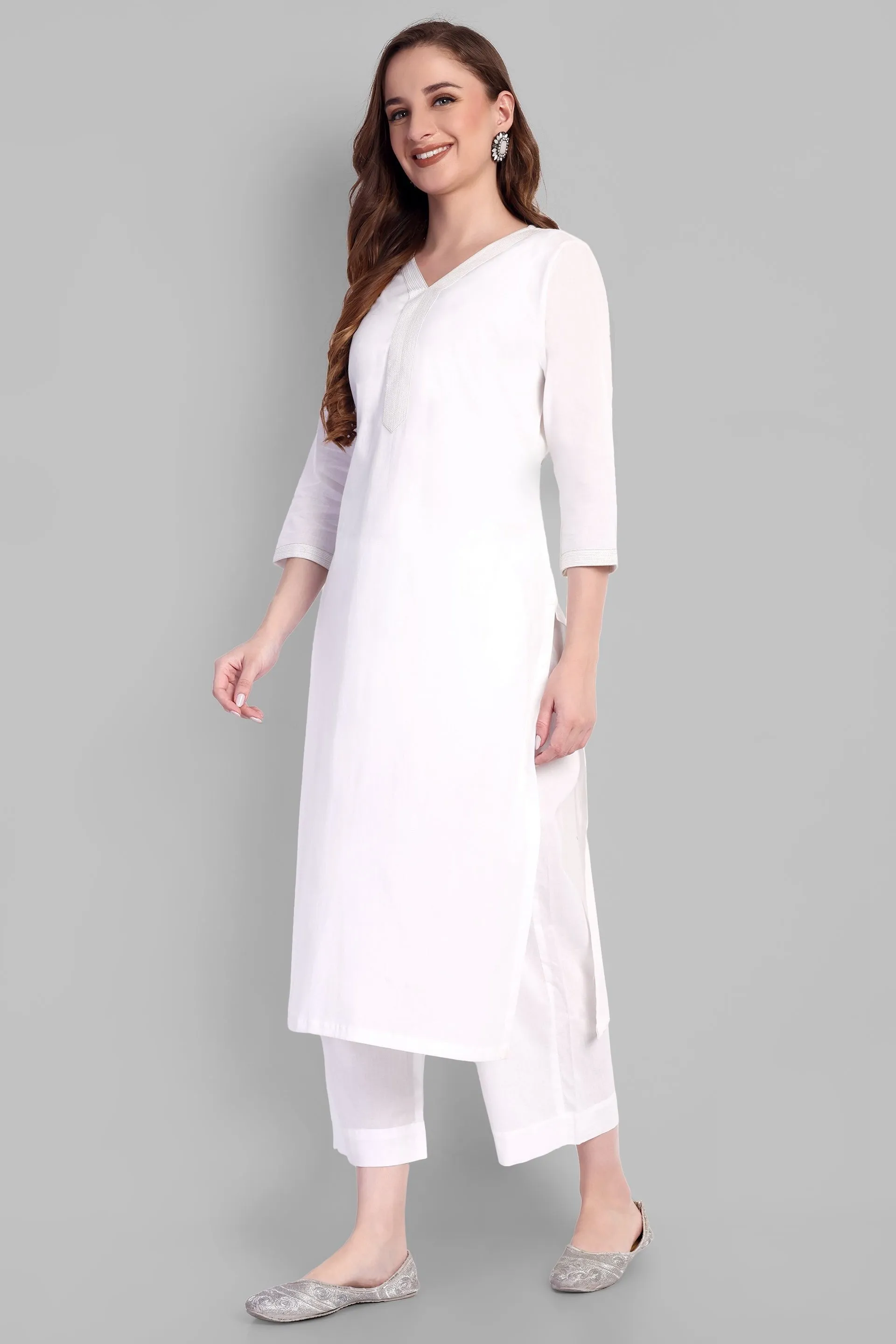 White Embroidery Kurta and pant - Set of 2