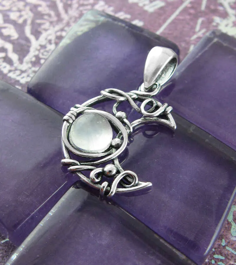 Wire-Wrapped Crescent Moon Pendant w/ Moonstone Cabochon