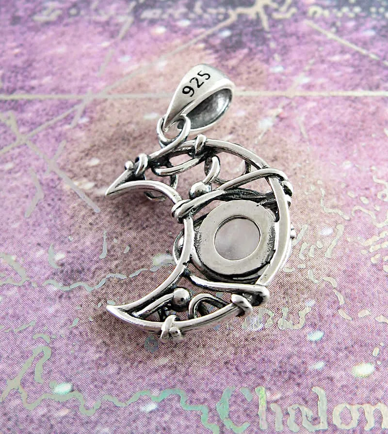 Wire-Wrapped Crescent Moon Pendant w/ Moonstone Cabochon