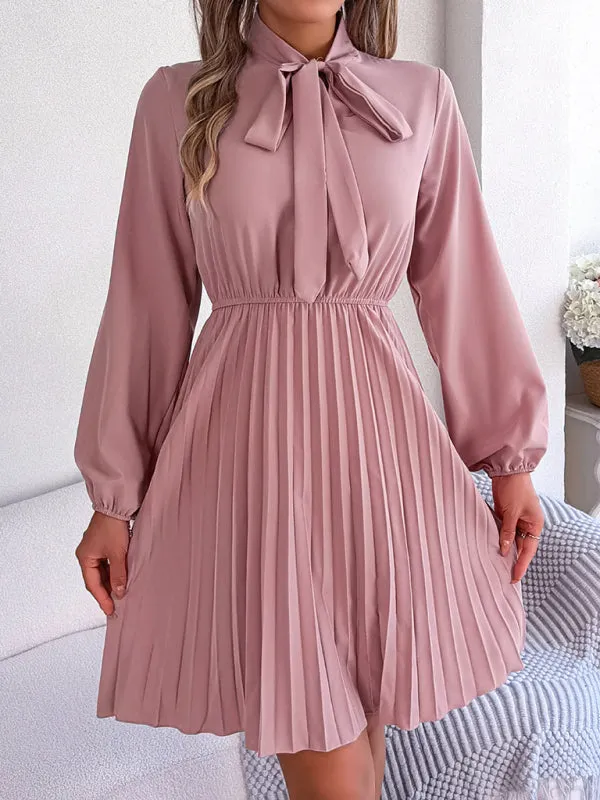 Women's Tie Neck Cinched Waist Pleated Dress With Lantern Style Sleeves