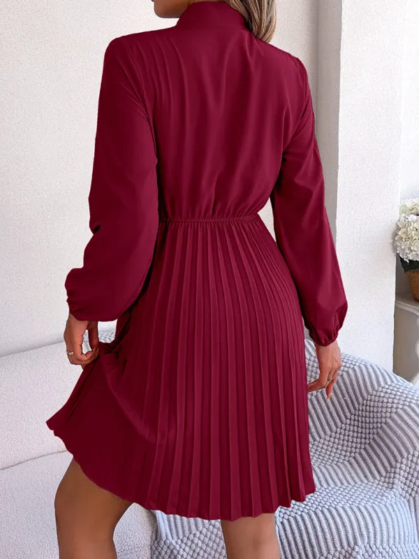 Women's Tie Neck Cinched Waist Pleated Dress With Lantern Style Sleeves