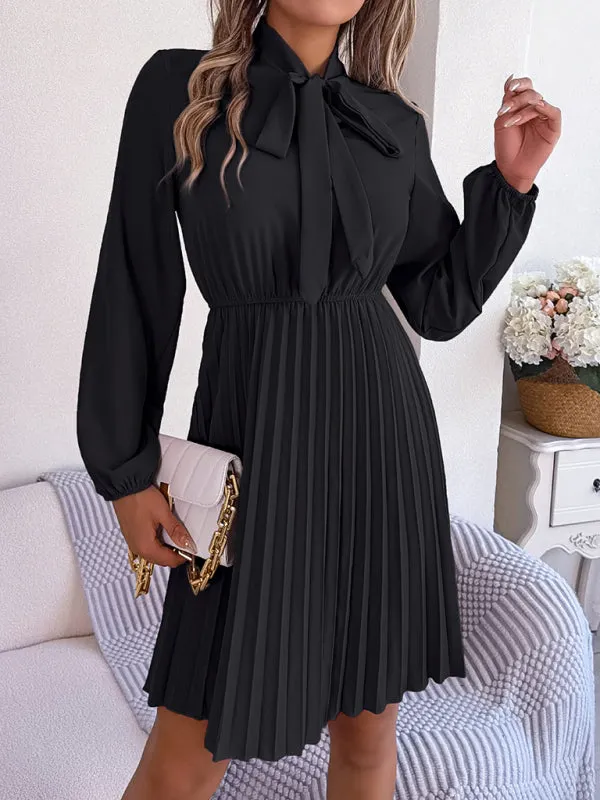 Women's Tie Neck Cinched Waist Pleated Dress With Lantern Style Sleeves