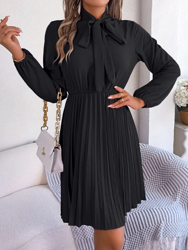 Women's Tie Neck Cinched Waist Pleated Dress With Lantern Style Sleeves