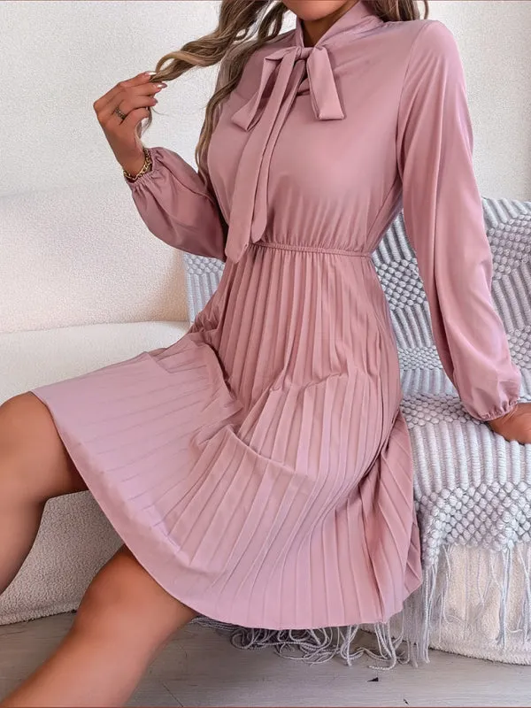 Women's Tie Neck Cinched Waist Pleated Dress With Lantern Style Sleeves