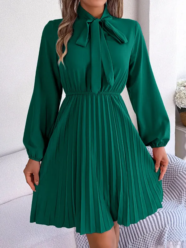 Women's Tie Neck Cinched Waist Pleated Dress With Lantern Style Sleeves