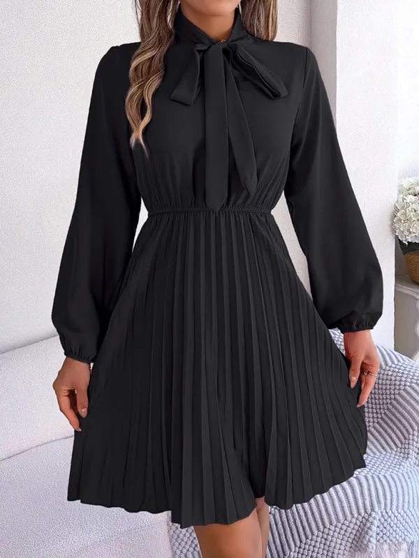 Women's Tie Neck Cinched Waist Pleated Dress With Lantern Style Sleeves