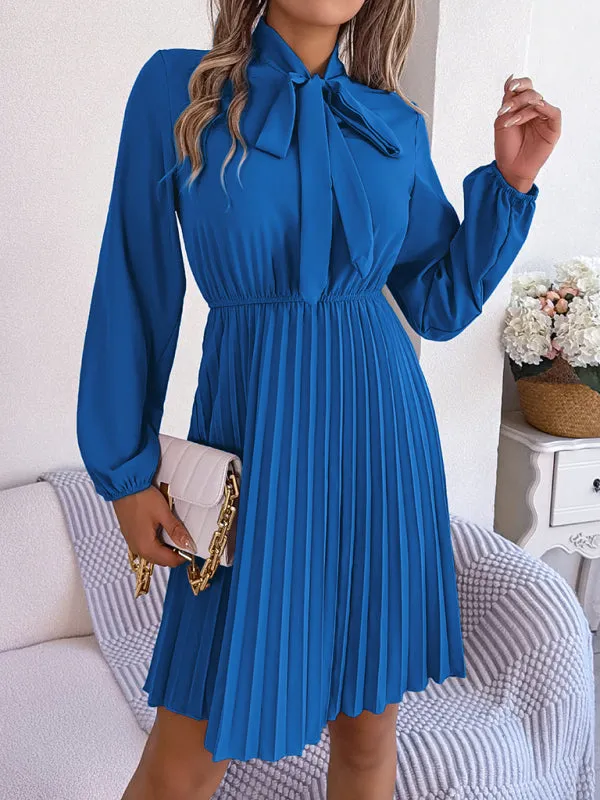 Women's Tie Neck Cinched Waist Pleated Dress With Lantern Style Sleeves