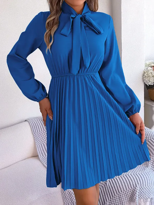 Women's Tie Neck Cinched Waist Pleated Dress With Lantern Style Sleeves