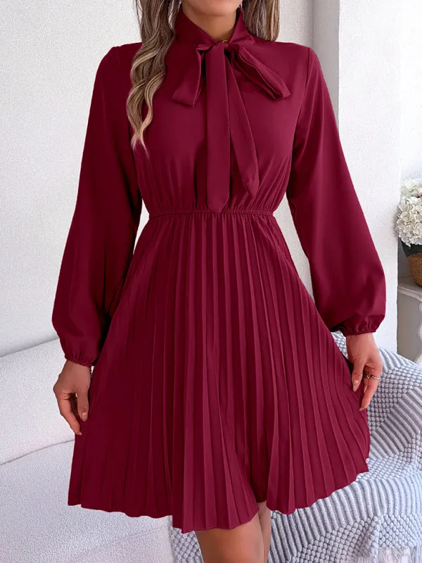 Women's Tie Neck Cinched Waist Pleated Dress With Lantern Style Sleeves