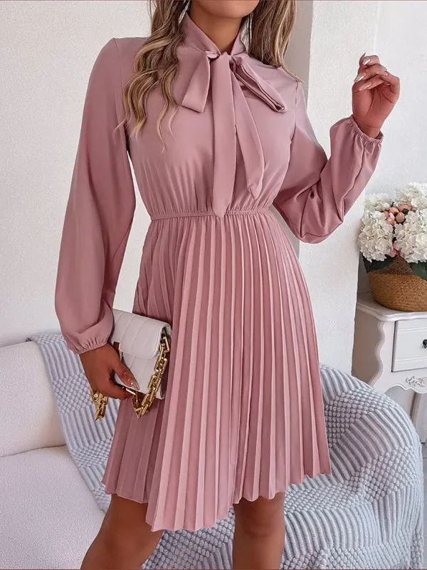 Women's Tie Neck Cinched Waist Pleated Dress With Lantern Style Sleeves