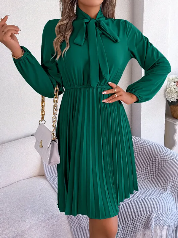 Women's Tie Neck Cinched Waist Pleated Dress With Lantern Style Sleeves