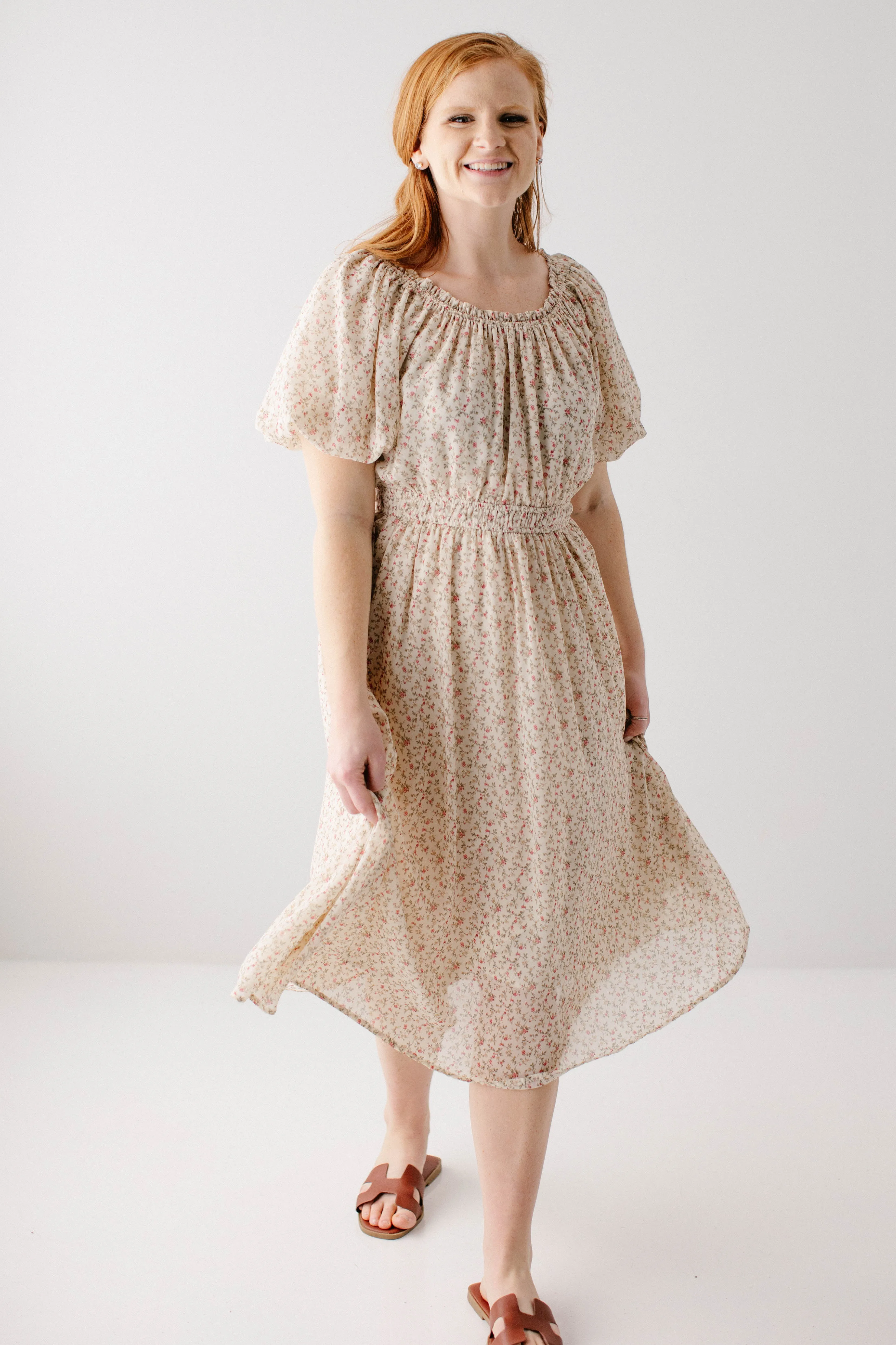 'Zippora' Cinched Detail Ditsy Floral Midi Dress in Cream FINAL SALE